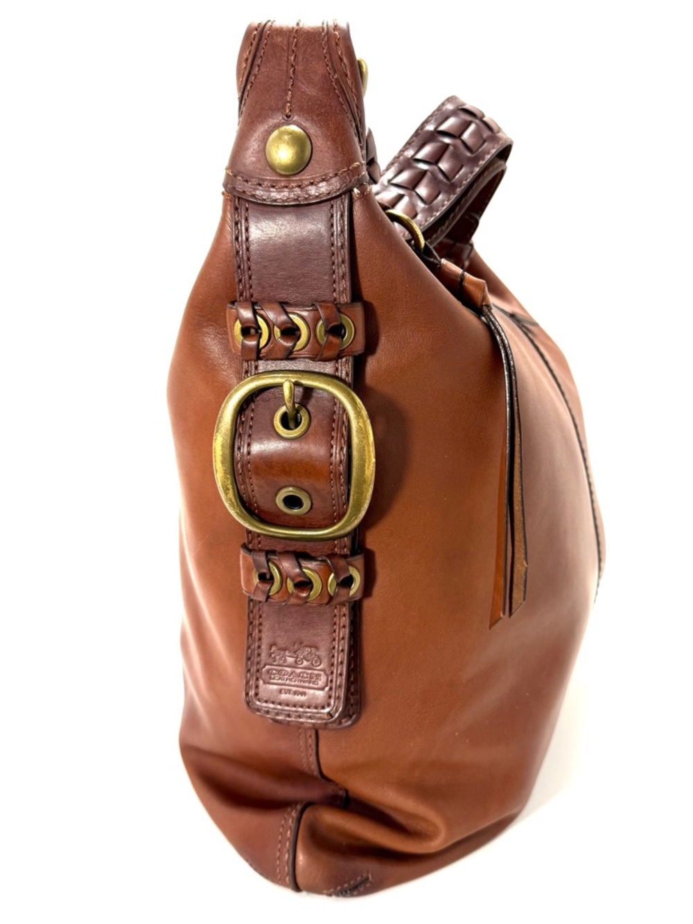 Coach Ergo Brown Leather Vintage Hobo Bag in Satin Tattersall Y2K Brass Buckle - Picture 6 of 14